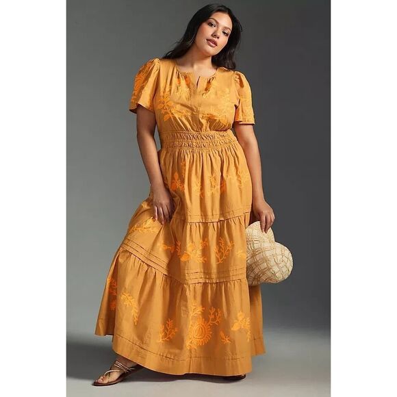 Anthropologie Somerset Embroidered Maxi Dress Tiered Orange 2X NEW - Picture 1 of 5
